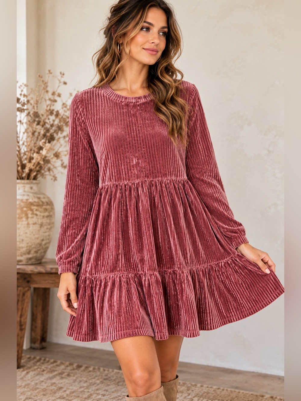Long Sleeve Ribbed Velvet Tiered Smock Dress Pink Size L